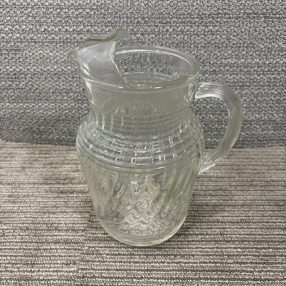 Hazel Atlas Pitcher Clear Glass Swirl Textured Vintage Ice Lip